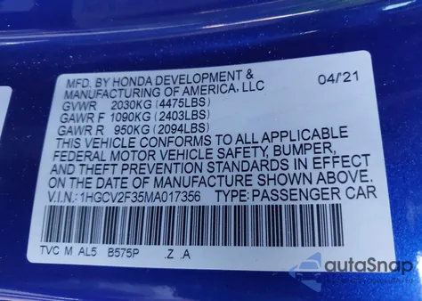 2021 Honda Accord Sport 2.0T from USA, damaged, VIN 1HGCV2F35MA017356
